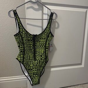 Michael Kors Black and Neon Yellow Logo Swimsuit